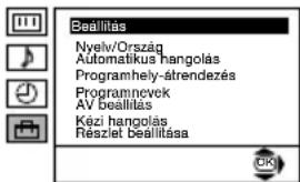 Beállítás Nyelv/Ország Automatikus hangolás Programhely-átrendezés Programnevek AV beállítás Kézi hangolás Részlet beállítása