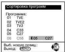 Сортировка программ Программа: 01 TVE 02 TVE2 03 TV3 04 C33 05 C27 06 C58 05 C27 Выб. новую позиц. Выход: MENU