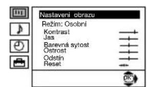 Nastaveni obrazu Režim: Osobní Kontrast Jas Barevná sytost Ostrost Odstín Reset
