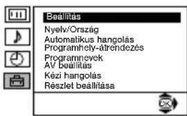 Beállítás Nyelv/Ország Automatikus hangolás Programhely-átréndezés Programnevek AV beállítás Kézi hangolás Részlet beállítása