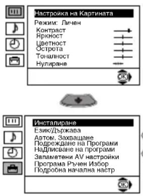 Настроика на Картината Режим: Личен Контраст Яркност Цветност Острота Тоналност Нулиране Инсталиране Език/Държава Автом. Захващане Подреждане на Програми Надписване на програми Запаметени АУ настроки Програма Ръчен Избор Подроена начална настр