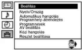 Beállítás Nyelv/Ország Automatikus hangolás Programhély-àtréndezés Programnevek AV beállítás Kézi hangolás Részlet beállítása