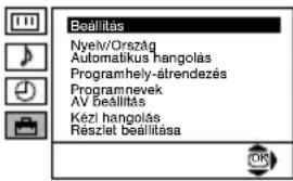Beállítás Nyelv/Ország Automatikus hangolás Programhely-àtrendezés Programnevek AV beállítás Kézi hangolás Részlet beállítása