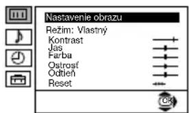 Nastavenie obrazu Režim: Vlastný Kontrast Jas Farba Ostrosí Odtieň Reset