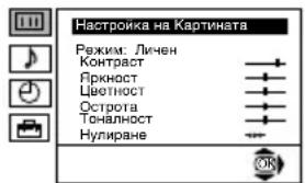 Настроика на Картината Режим: Личен Контраст Ярност Цветност Острота Тоняност Нулиране