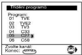 Třídění programů Program: 01 TVE 02 TVE2 03 TV3 04 C33 05 C27 06 C58 Zvolte kanál: Konec: KFND