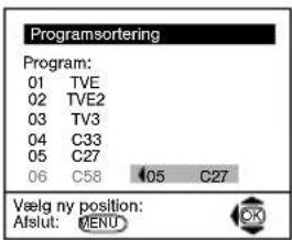 Programsortering Program: 01 TVE 02 TVE2 03 TV3 04 C33 05 C27 06 C58 05 C27 Vælg ny position: Aflut: MENU
