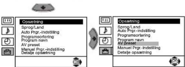 Opsetning Sprog/Land Auto Prgr.-indstilling Programsortering Program navn AV preset Manuel Prgr.-indstilling Detajle opsetning Opsetning Sprog/Land Auto Prgr.-indstilling Programsortering Program navn AV preset Manuel Prgr.-indstilling Detajle opsetning OK