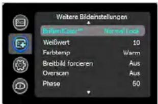 Weitere Bildestellungen BevelkColor™ Normal Lock Weißwert 10 Farbtenp Warm Breitbild forceren Aus Oversen Aus Phase 50