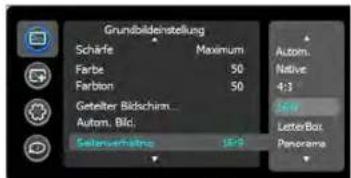 Grundbildinstellung Schärfe Maximum Farbe 50 Farbion 50 Getalter Bildschirm Autom. Bil: Salonverhälte 15:2 Autom. Native 4:3 Lat LetterBox Panorama