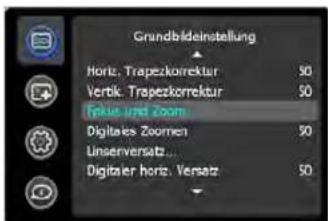 Grundbildinstellung Horiz, Trapezkorrektur 50 Vertik, Trapezkorrektur 50 Freak und Zoom Digitales Zoomen 50 Unserversatz... Digitaler horiz, Versatz 50