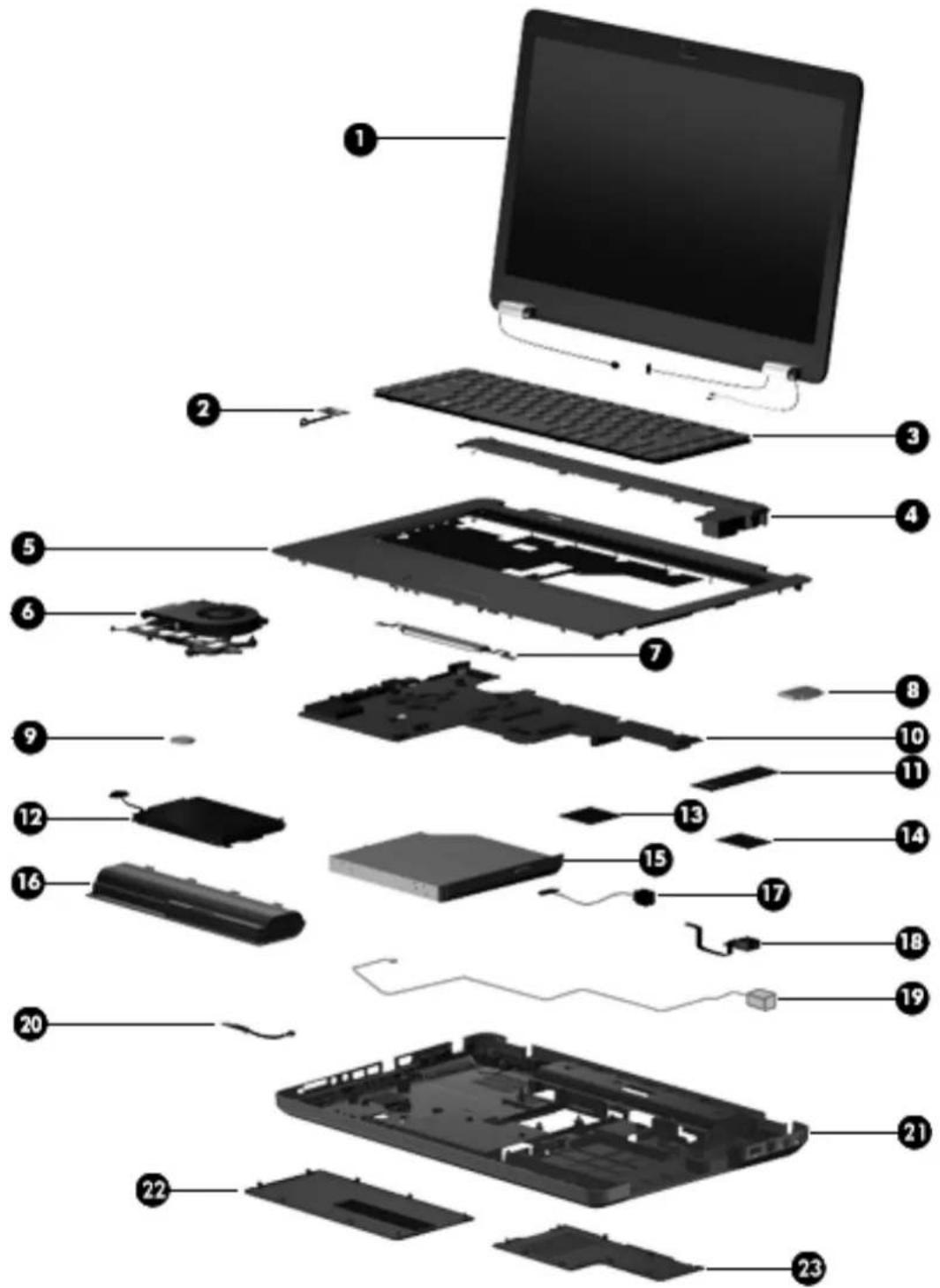 Exploded view diagram of a laptop with numbered parts for identification