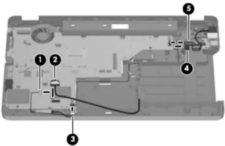 Laptop interior diagram with numbered annotations pointing to circuit board components