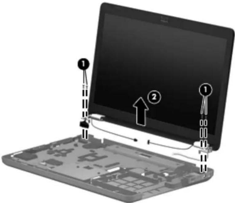 Diagram of a laptop with labeled parts and connection arrows, showing components like battery cover and cable routing.