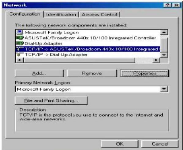 Network Configuration | Identification | Access Control | The following network components are installed: Microsoft Family Logon ASUSTeK/Broadcom 440x 10/100 Integrated Controller Dial-Up Adapter TCP/IP -> ASUSTeK/Broadcom 440x 10/100 Integrated TCP/IP -> Dial-Up Adapter Add... Remove Properties Pri…