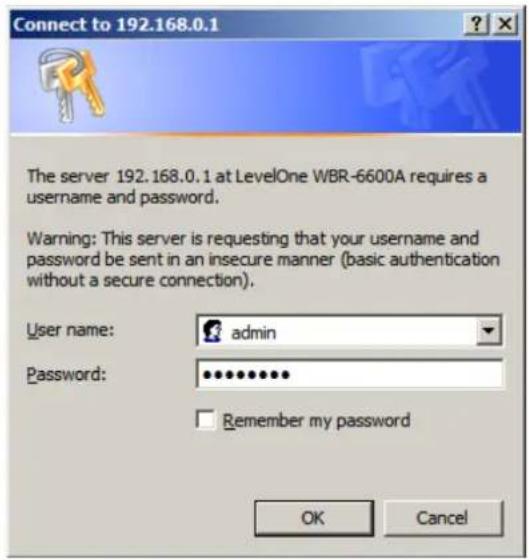 Connect to 192.168.0.1 The server 192.168.0.1 at LevelOne WBR-6600A requires a username and password. Warning: This server is requesting that your username and password be sent in an insecure manner (basic authentication without a secure connection). User name: admin Password: ********** Remember my…