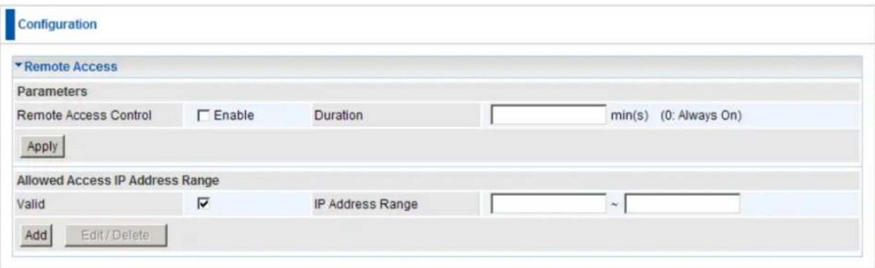 Configuration Remote Access Parameters Remote Access Control Enable Duration min(s) (0: Always On) Apply Allowed Access IP Address Range Valid IP Address Range ~ Add Edit/ Delete