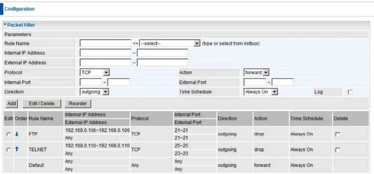 Configuration Packet Filter Parameters Rule Name <<--select-- (type or select from listbox) Internal IP Address ~ External IP Address ~ Protocol TCP Action-forward Internal Port External Port ~ Direction[outgoing Time Schedule Always On Log Add Edit / Delete Reorder Edit OrderRule Name Internal IP A…