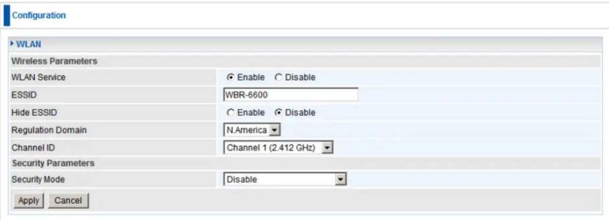 Configuration WLAN Wireless Parameters WLAN Service Enable Disable ESSID WBR-6600 Hide ESSID Enable Disable Regulation Domain N.America Channel ID Channel 1 (2.412 GHz) Security Parameters Security Mode Disable Apply Cancel
