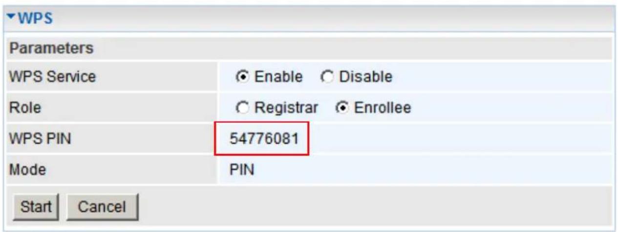 WPS Parameters WPS Service Enable Disable Role Registrar Enrollee WPS PIN 54776081 Mode PIN Start Cancel