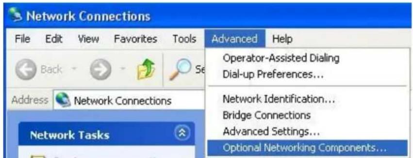 Network Connections File Edit View Favorites Tools Back Address Network Connections Network Tasks Advanced Help Operator-Assisted Dialing Dial-up Preferences... Network Identification... Bridge Connections Advanced Settings... Optional Networking Components...