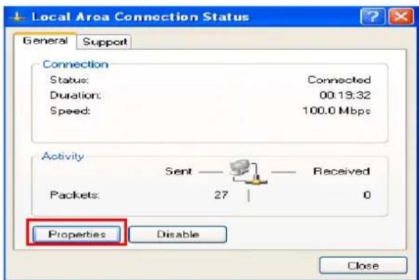 Local Area Connection Status General Support Connection Status: Connected Duration: 00.19.32 Speed: 100.0 Mbps Activity Sent — Received Packets: 27 0 Properties Disable Close