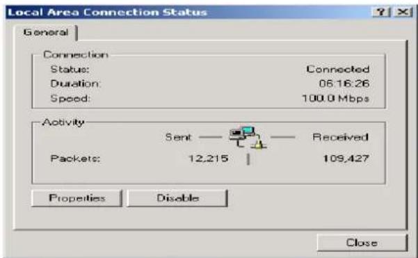 Local Area Connection Status General Connection Status: Connected Duration: 06.16.26 Speed: 100.0 Mbps Activity Sent — Received Packets: 12,215 | 109,427 Properties Disable Close