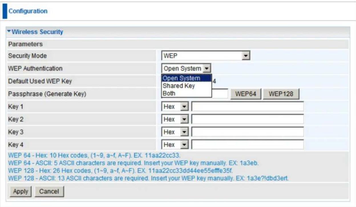 Configuration ▼ Wireless Security Parameters Security Mode WEP WEP Authentication Open System Default Used WEP Key Open System Shared Key 4 Passphrase (Generate Key) Both WEP64 WEP128 Key 1 Hex Key 2 Hex Key 3 Hex Key 4 Hex WEP 64 - Hex: 10 Hex codes, (1~9, a~f, A~F). EX. 11aa22cc33. WEP 64 - ASCII:…