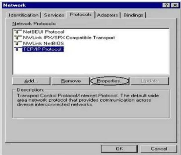 Network Identification Services Protocols Adapters Bindings Network Protocols: NetBEUI Protocol NWLink IPX/SPX Compatible Transport NWLink NetBIOS TCP/IP Protocol Add... Remove Properties... Update Description: Transport Control Protocol/Internet Protocol. The default wide area network protocol that…