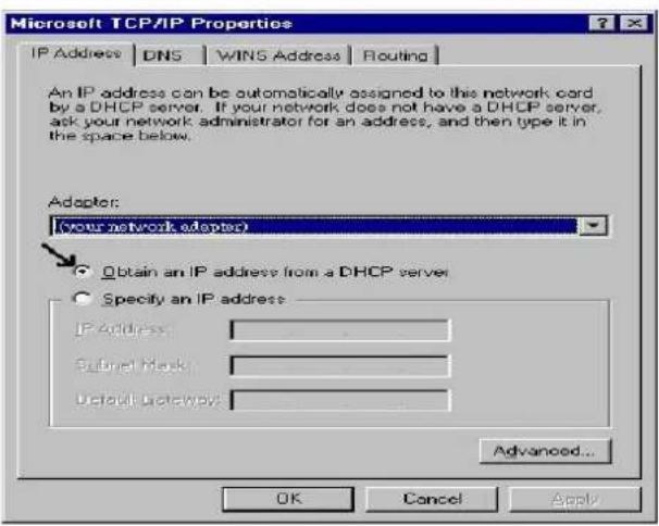 Microsoft TCP/IP Properties IP Address | DNS | WINS Address | Routing | An IP address can be automatically assigned to this network card by a DHCP server. If your network does not have a DHCP server, ask your network administrator for an address, and then type it in the space below. Adopter: (your n…