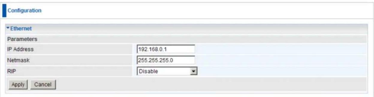 Configuration Ethernet Parameters IP Address 192.168.0.1 Netmask 255.255.255.0 RIP Disable Apply Cancel