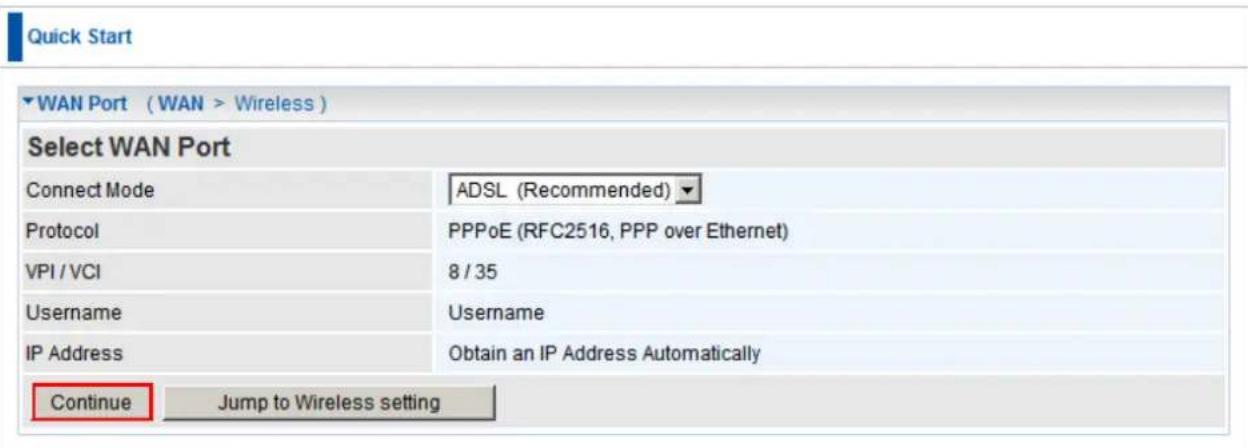 Quick Start WAN Port ( WAN > Wireless ) Select WAN Port Connect Mode ADSL (Recommended) Protocol PPPoE (RFC2516, PPP over Ethernet) VPI / VCI 8 / 35 Username Username IP Address Obtain an IP Address Automatically Continue Jump to Wireless setting