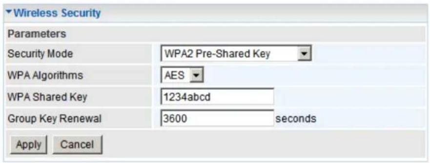 Wireless Security Parameters Security Mode WPA2 Pre-Shared Key WPA Algorithms AES WPA Shared Key 1234abcd Group Key Renewal 3600 seconds Apply Cancel
