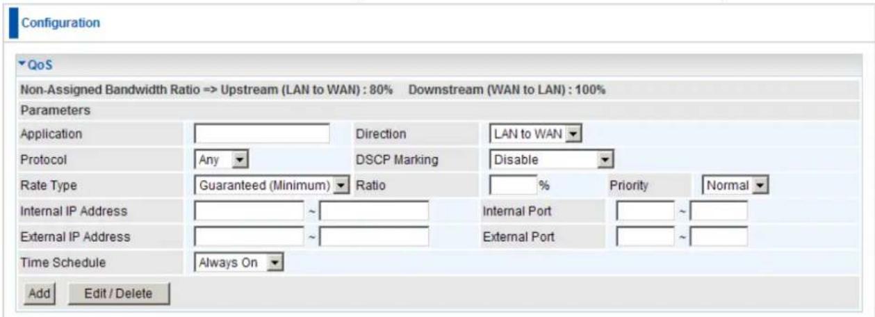 Configuration QoS Non-Assigned Bandwidth Ratio => Upstream (LAN to WAN) : 80% Downstream (WAN to LAN) : 100% Parameters Application Direction LAN to WAN Protocol Any DSCP Marking Disable Rate Type Guaranteed (Minimum) Ratio % Priority Normal Internal IP Address ~ Internal Port ~ External IP Address…