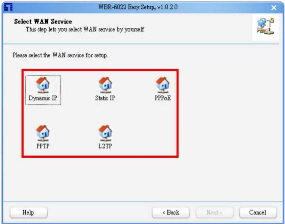 WBR-6022 Easy Setup, v1.0.2.0 Select WAN Service This step lets you select WAN service by yourself Please select the WAN service for setup. Dynamic IP Static IP PPPoE PPTP L2TP Help < Back Next > Cancel