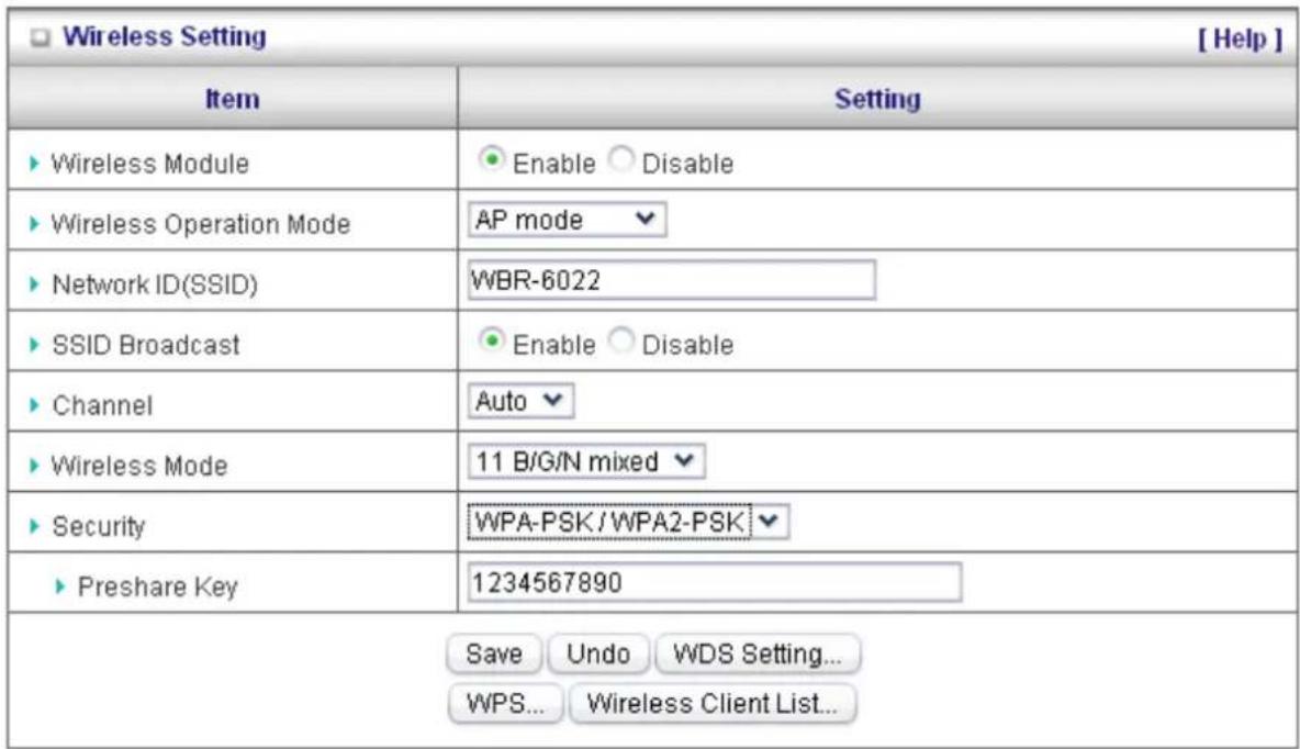 Wireless Setting [ Help ] Item Setting ► Wireless Module ● Enable ○ Disable ► Wireless Operation Mode AP mode ► Network ID(SSID) WBR-6022 ► SSID Broadcast ● Enable ○ Disable ► Channel Auto ► Wireless Mode 11 B/G/N mixed ► Security WPA-PSK / WPA2-PSK ► Preshare Key 1234567890 Save Undo WDS Setting... WPS... Wireless Client List...