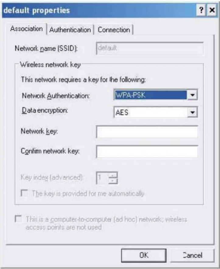 default properties Association Authentication Connection Network name (SSID): default Wireless network key This network requires a key for the following: Network Authentication: WPA-PSK Data encryption: AES Network key: Confirm network key: Key index (advanced) 1 The key is provided for me automatically This is a computer-to-computer (ad hoc) network; wireless access points are not used OK Cancel