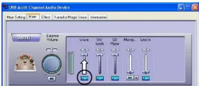 USB Multi-Channel Audio Device Mon Setting Wave Effect Karaoke/Magic Voice Information Vol.111 Balance Volume Wave SW Synth CD Player Microp... Line-In Wave SW Synth CD Player Microp... Line-In