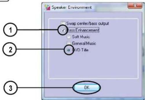 Speaker Environment Swap center/bass output Bass Enhancement Soft Music General Music DVD Title 1 2 3 OK
