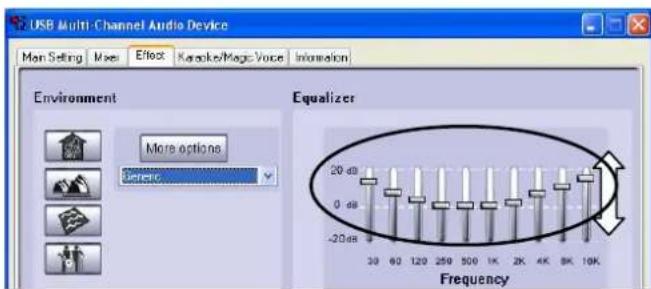 USB Multi-Channel Audio Device Main Setting Max Effect Karaoke/Mega Voice Information Environment More options Frequency Equalizer 20 dB 0 dB -20dB 30 60 120 250 500 1K 2K 4K 8K 10K Frequency