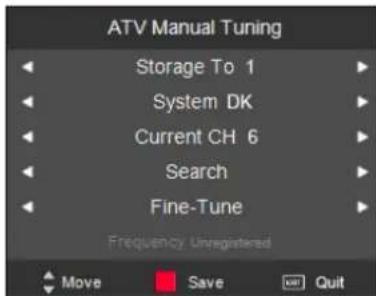 ATV Manual Tuning Storage To 1 System DK Current CH 6 Search Fine-Tune Frequency Unregistered Move Save Quit