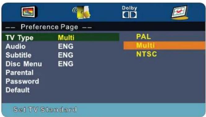 -- Preference Page -- TV Type Multi PAL Audio ENG Multi Subtitle ENG NTSC Disc Menu ENG Parental Password Default Set TV Standard