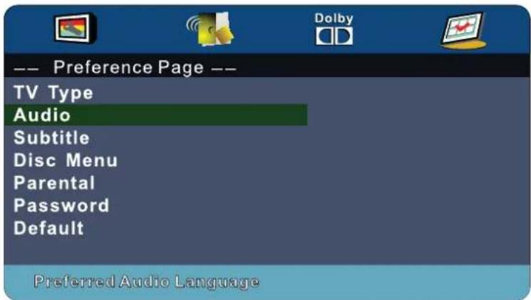 -- Preference Page -- TV Type Audio Subtitle Disc Menu Parental Password Default Preferred Audio Language