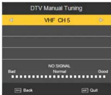 DTV Manual Tuning VHF CH 5 NO SIGNAL Bad Normal Good Back Quit