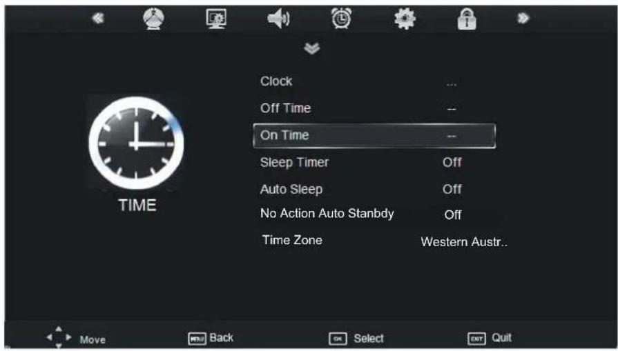 Clock Off Time On Time Sleep Timer Auto Sleep No Action Auto Stanbdy Time Zone Western Austr.. Move Back Select Quit