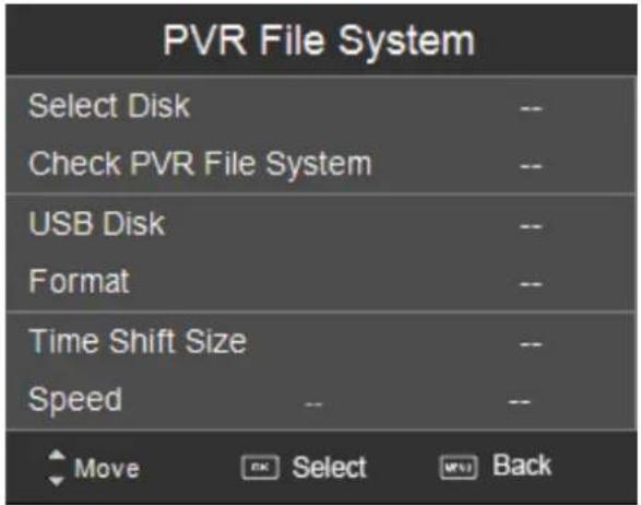 PVR File System Select Disk -- Check PVR File System -- USB Disk -- Format -- Time Shift Size -- Speed -- Move OK Select (M) Back