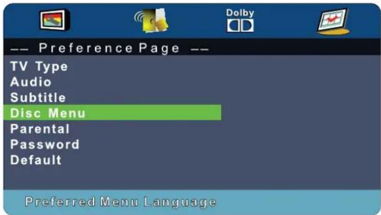 -- Preference Page -- TV Type Audio Subtitle Disc Menu Parental Password Default Preferred Menu Language
