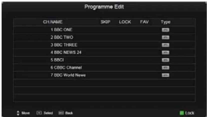 Programme Edit CH NAME SKIP LOCK FAV Type 1 BBC ONE 2 BBC TWO 3 BBC THREE 4 BBC NEWS 24 5 BBCI 6 CBBC Channel 7 BBC World News
