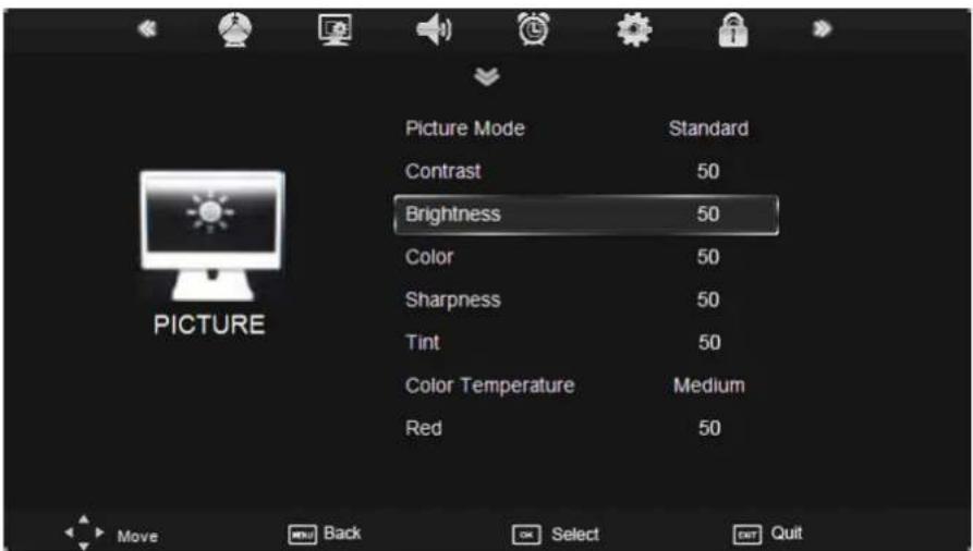 Picture Mode Contrast Brightness Color Sharpness Tint Color Temperature Red Standard 50 50 50 50 Medium 50 Move Back Select Quit