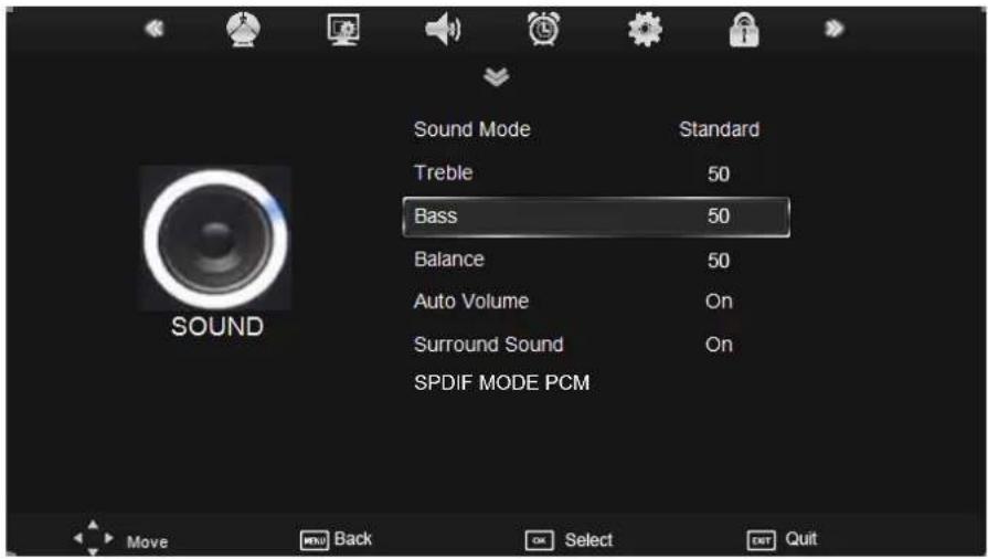 Sound Mode Treble Bass Balance Auto Volume Surround Sound SPDIF MODE PCM Standard 50 50 50 On On Move Back Select Quit